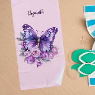 Butterfly pink purple flowers beach towel