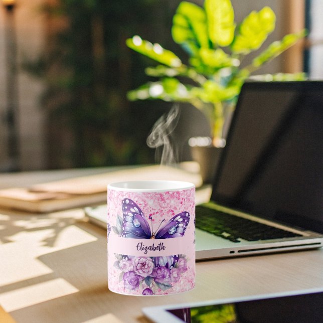 Butterfly pink purple flowers coffee mug (Creator Uploaded)
