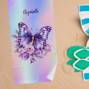Butterfly pink purple flowers holographic beach towel