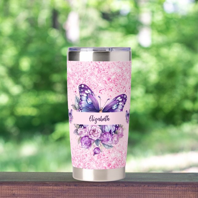 Butterfly pink purple flowers insulated tumbler (Creator Uploaded)