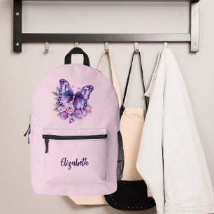 Butterfly pink purple flowers printed backpack