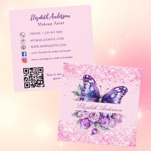 Butterfly pink purple flowers QR code social media Square Business Card