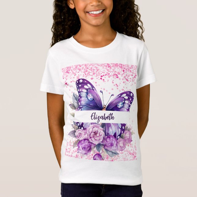 Butterfly pink purple flowers T-Shirt (Front)