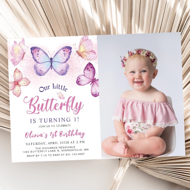 Butterfly Pink Purple Girls Birthday Photo Invitation (Creator Uploaded)