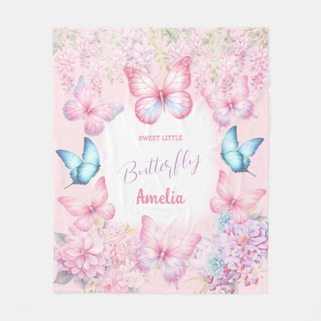 Butterfly Pink Purple Pastel Floral Name Girl Fleece Blanket (Front)