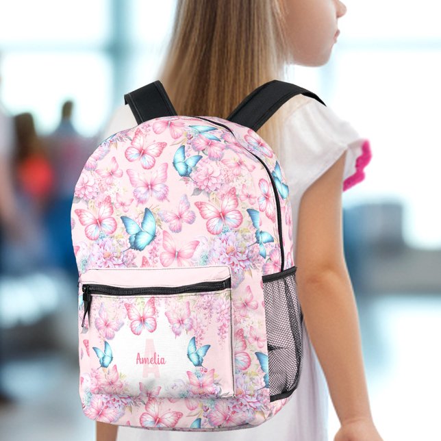 Butterfly Pink Purple Pastel Floral Name Girl Printed Backpack (Butterfly Pink Purple Pastel Floral Name Girl Printed Backpack)