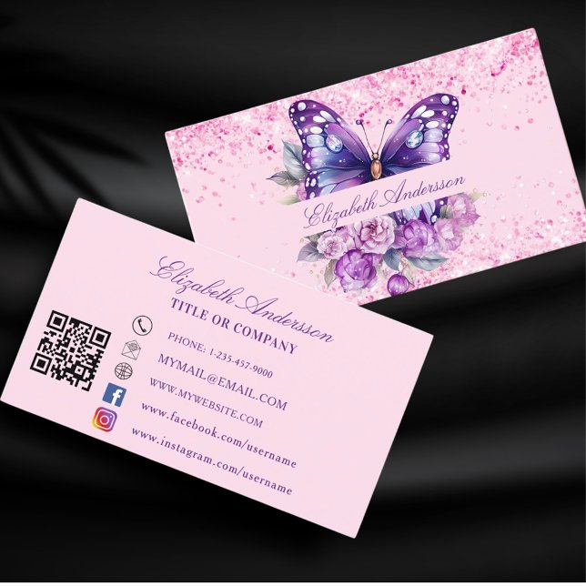 Butterfly pink purple QR code social media Business Card (Creator Uploaded)