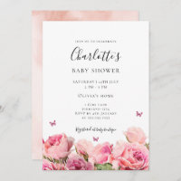 Butterfly Pink Rose Girl Baby Shower Invitation
