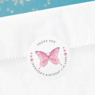Butterfly Pink Watercolor Birthday Thank You Classic Round Sticker