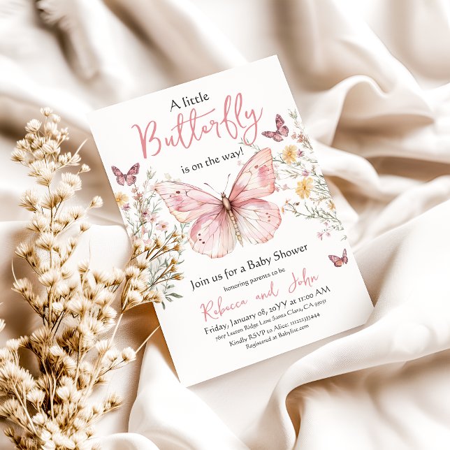 Butterfly Pink Wildflower Floral Girl Baby Shower Invitation (Creator Uploaded)