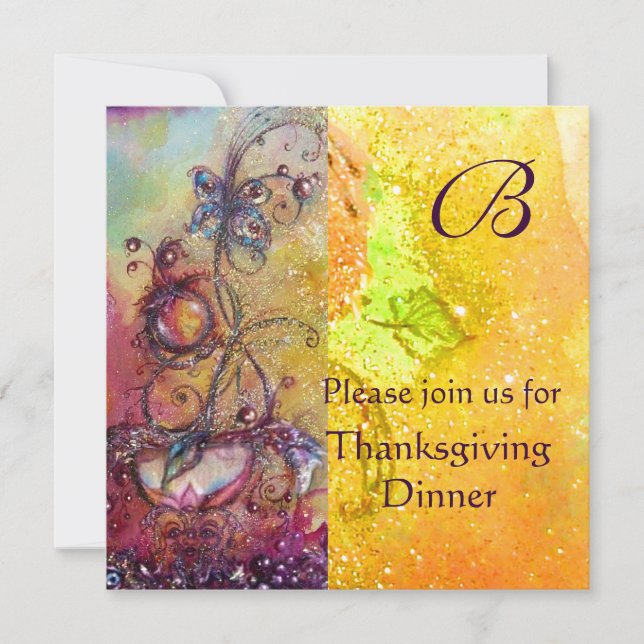 BUTTERFLY PLANT MONOGRAM Thanksgiving Dinner Gold Invitation (Front)