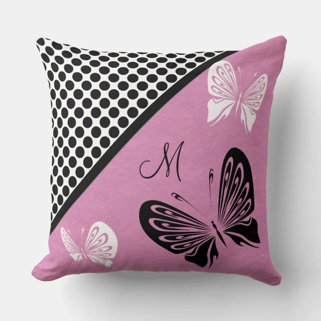 Butterfly Polka dot on Pink Monogram Cushion (Front)