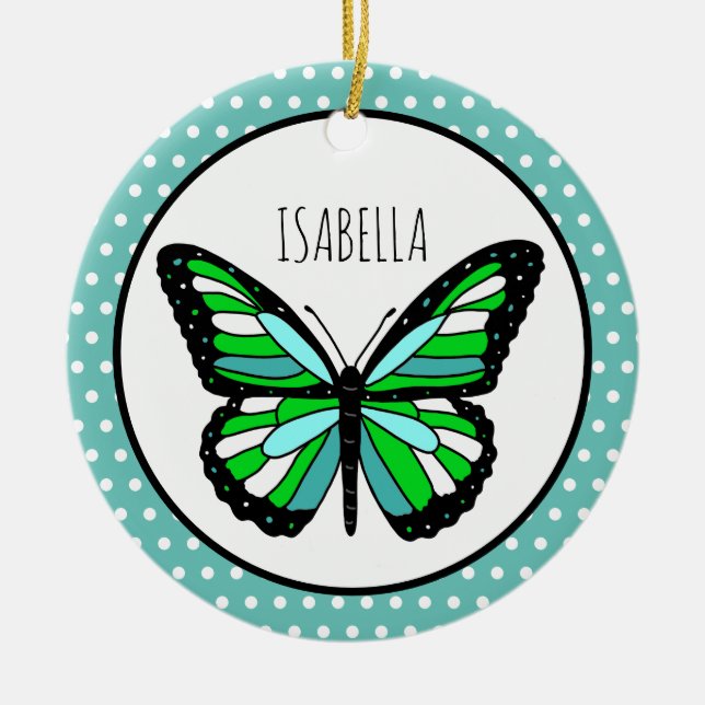 Butterfly Polka Dot Personalised Christmas   Ceramic Tree Decoration (Front)