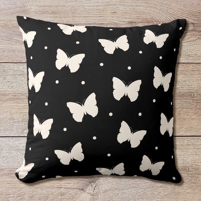 Butterfly & Polka Dots Pattern Black Cream Cushion (Creator Uploaded)