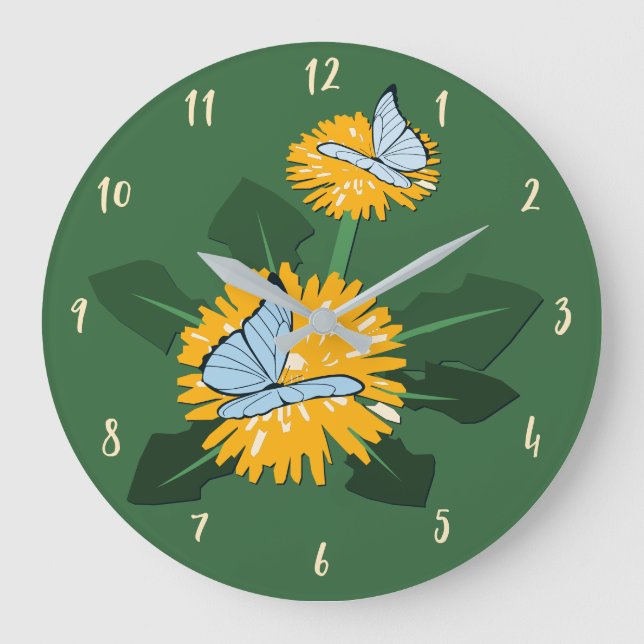 Butterfly Pollinating Yellow Dandelion Wildflower Large Clock (Front)