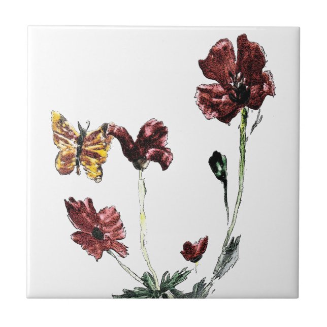 Butterfly Poppy Floral Art Nature Tile (Front)