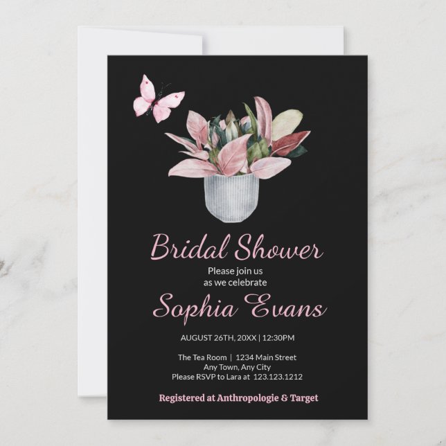 Butterfly & Potted Plant Black Bridal Shower Invitation (Front)