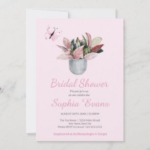 Butterfly & Potted Plant Pink  Bridal Shower Invitation