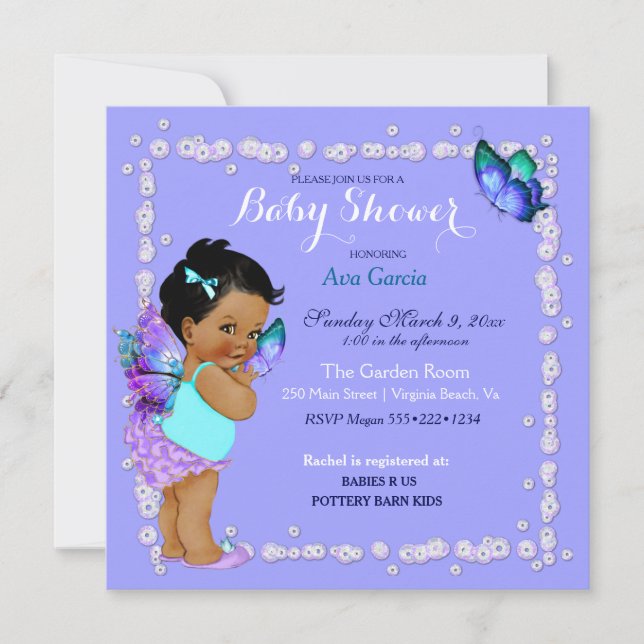 Butterfly Princess Baby Girl Purple Turquoise Invitation (Front)