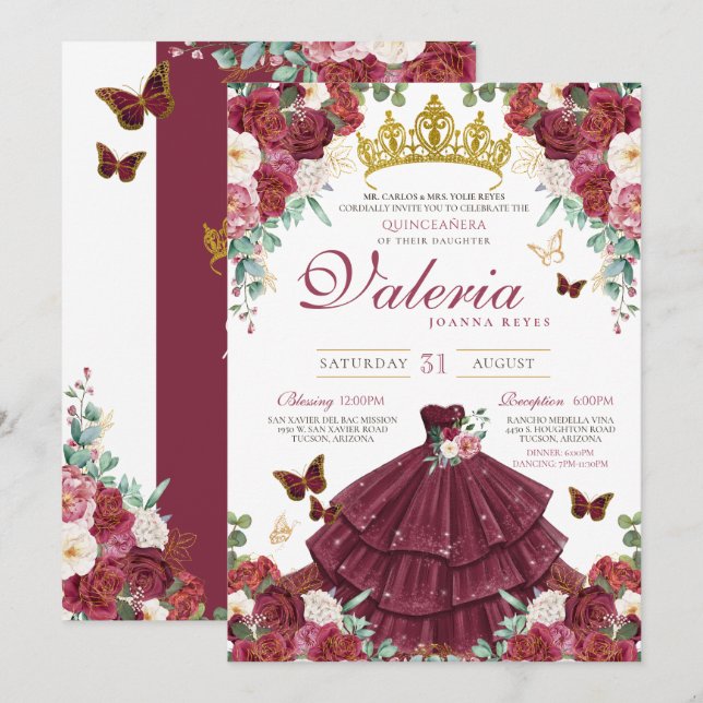 Butterfly Princess Burgundy Red Roses Quinceañera Invitation (Front/Back)