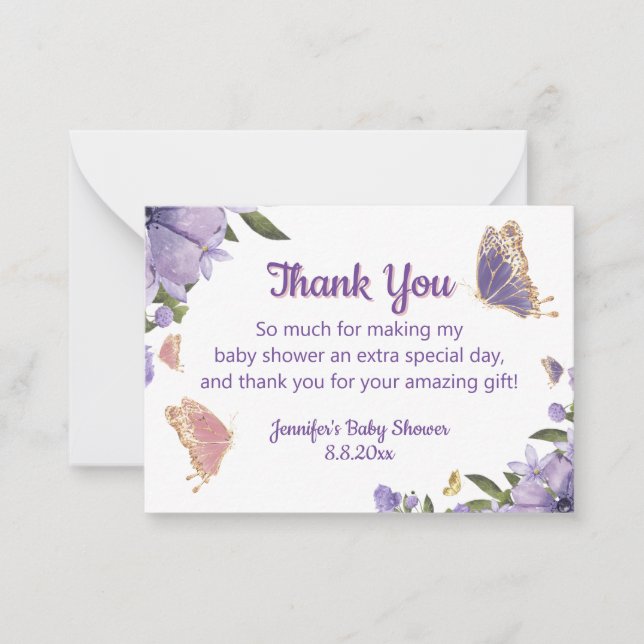 butterfly purple floral girl baby shower thank you card (Front)
