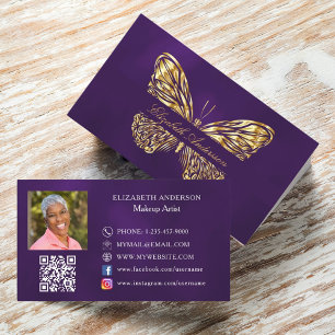 Butterfly purple gold QR code photo Business Card