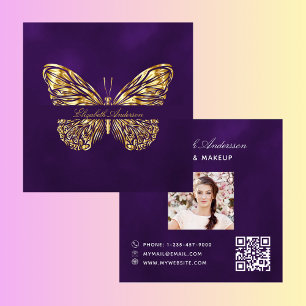 Butterfly purple gold QR code script photo Square Business Card
