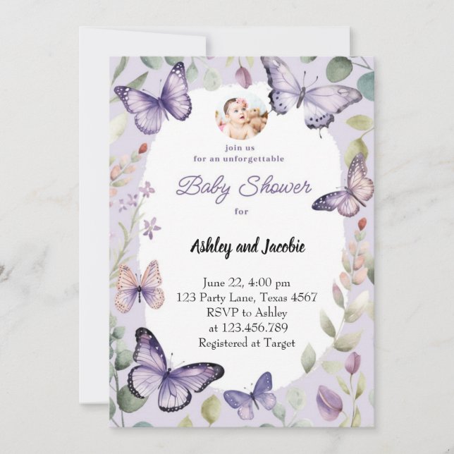 Butterfly Purple greenery Floral  Girl  Invitation (Front)