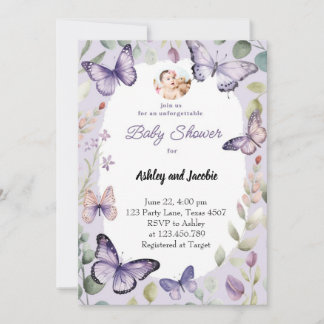 Butterfly Purple greenery Floral Girl Invitation