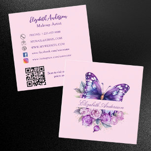 Butterfly purple pink flowers QR code social media Square Business Card