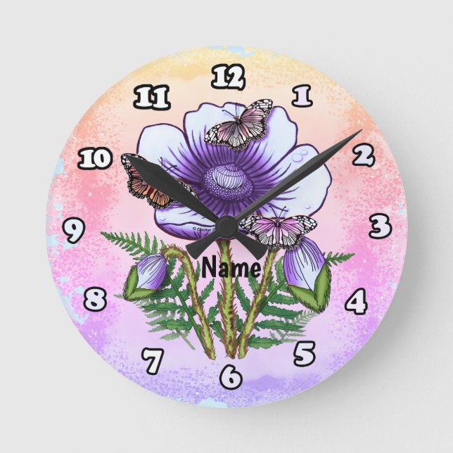 Butterfly Purple Poppy  Round Clock (Front)