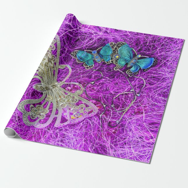 Butterfly Purple Teal Blue Gold Elegant Colorful Wrapping Paper (Unrolled)