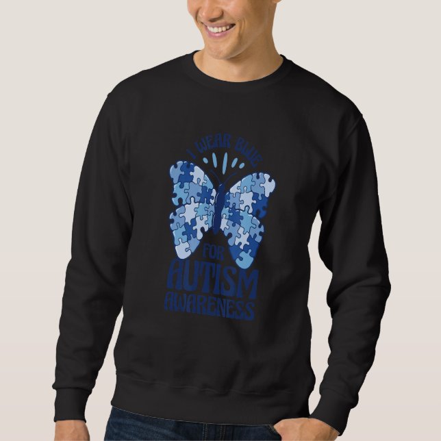 Butterfly Puzzle Autism Awareness Blue Graphic Sweatshirt (Front)