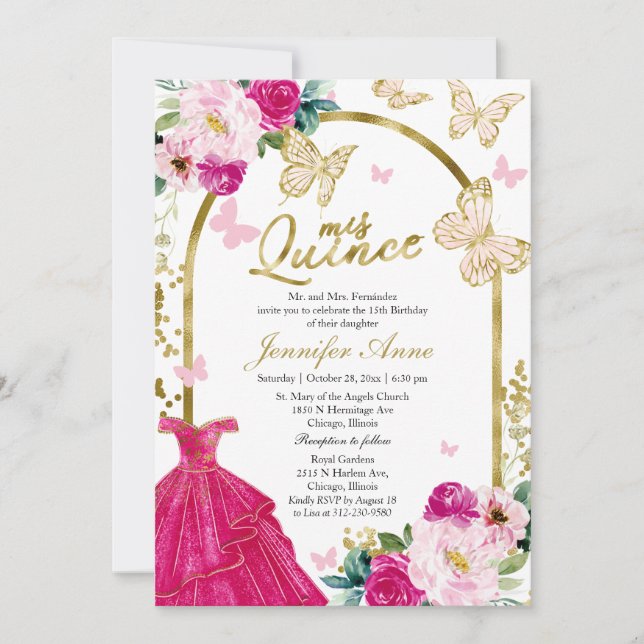 Butterfly Quince Bilingual Invitations Hot Pink (Front)