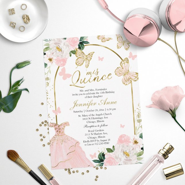 Butterfly Quince Invitations Blush Floral Dress (Creator Uploaded)