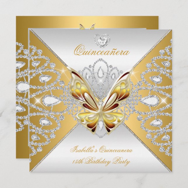 Butterfly Quinceanera 15th Party Gold Silver Tiara Invitation (Front/Back)
