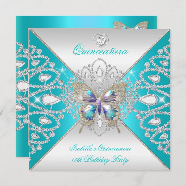 Butterfly Quinceanera 15th Teal Silver Tiara 2 Invitation (Front/Back)
