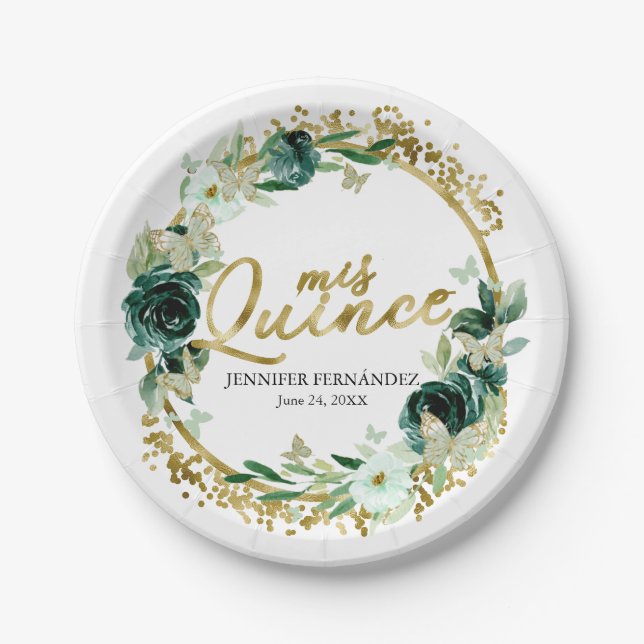 Butterfly Quinceanera Paper Plates Green Floral (Front)