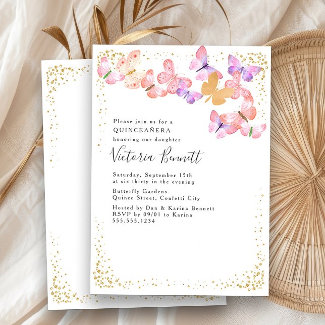 Butterfly Quinceanera Pink Gold 15th Birthday Invitation (Quinceanera Invitation from my Butterfly Skies Quinceanera collection - order printed or digital)