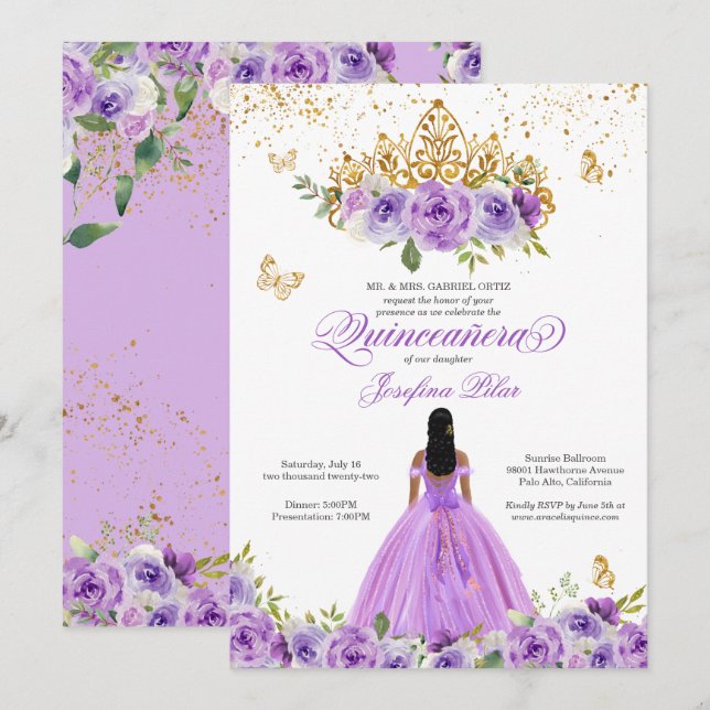 Butterfly Quinceañera Purple Watercolor Flowers In Invitation (Front/Back)