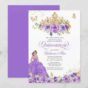 Butterfly Quinceañera + Purple Watercolor Flowers  Invitation