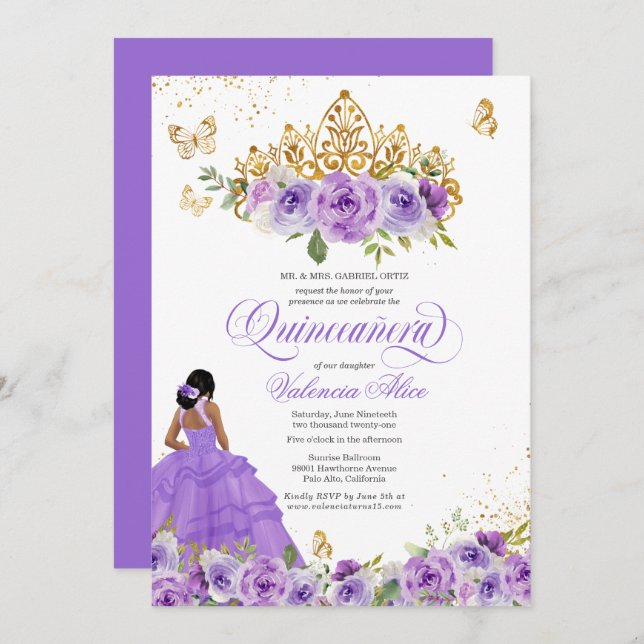 Butterfly Quinceañera + Purple Watercolor Flowers  Invitation (Front/Back)