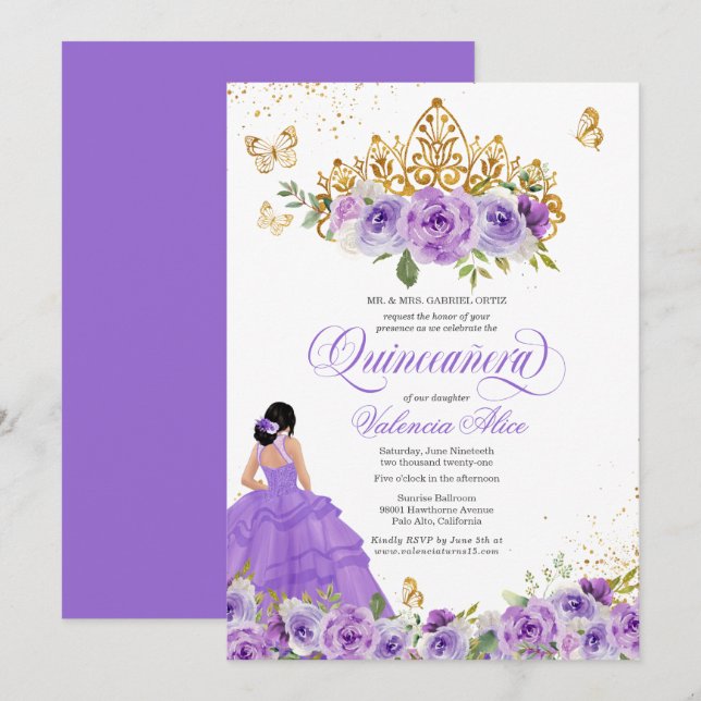 Butterfly Quinceañera + Purple Watercolor Flowers Invitation (Front/Back)