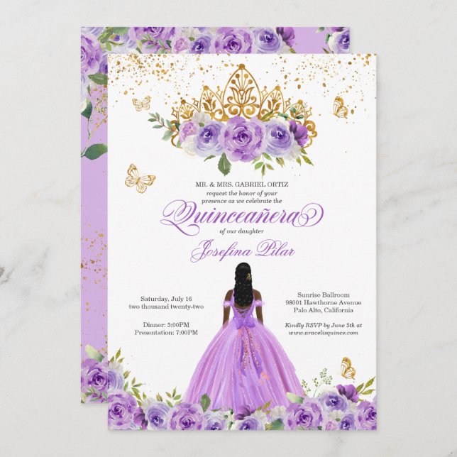 Butterfly Quinceañera Purple Watercolor Flowers Invitation (Front/Back)