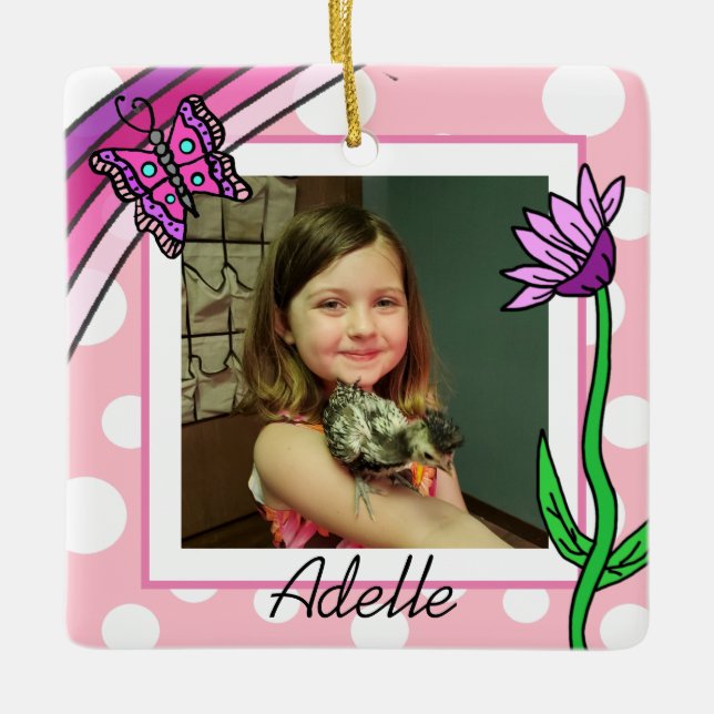 Butterfly, Rainbow, Flower  Photo Christmas Ceramic Ornament (Front)