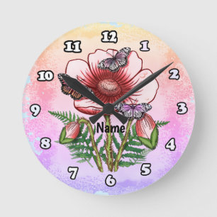 Butterfly Red Poppy Round Clock