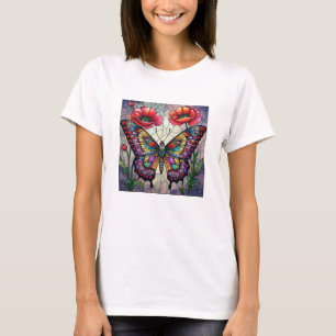 Butterfly & Red Poppy Stained Glass Insect Art Bug T-Shirt