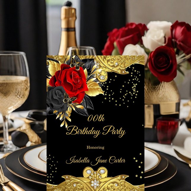 Butterfly Red Rose Floral Gold gems Birthday Party Invitation (Creator Uploaded)