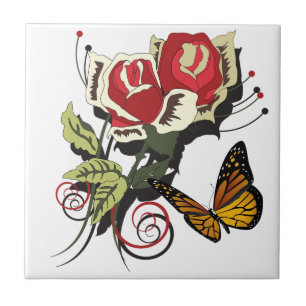 Butterfly red rose flowers nature art tile