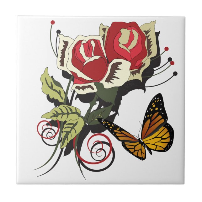 Butterfly red rose flowers nature art tile (Front)